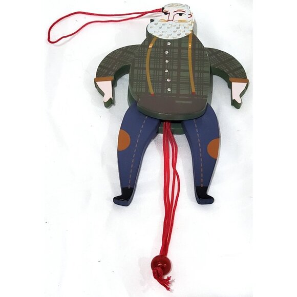FARMER COWBOY SANTA wood pull string Christmas Ornament green plaid shirt jeans - Picture 2 of 9
